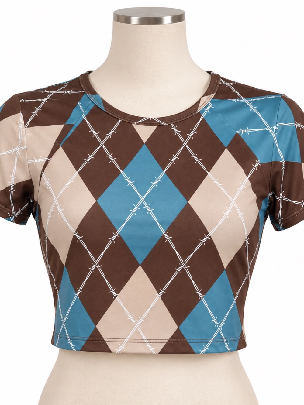 NWT POSTER GIRL Blue, Brown & Cream Argyle Barbed Wire Crop Top